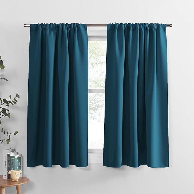 PONY DANCE Rod Pocket Blackout Curtains for Bedroom - Thermal Insulated Short Room Darkening Curtain Window Drapes for Cafe Kitchen, 52 x 45 Inch, 2 Panels, Ink Blue