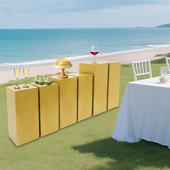 6pcs Metal Square Pedestal Stand, 23.6"/25.6"/31.5" Gold Display Plinth Pillars for Party, Decorative Cube Sculpture Column, Tall Pedestal Cake Stands for Wedding Ceremony