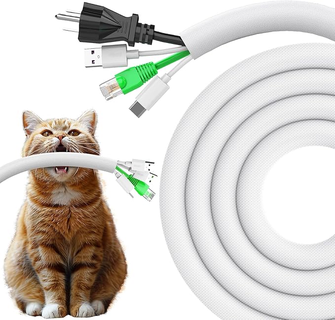 Dog and Cat Cord Protector 25ft - 1/2inch, Flexible Cable Sleeve for Easy Cord Management, Protects Cables from Pets Chewing, Ideal for USB, Power, Audio and Video Cords - White