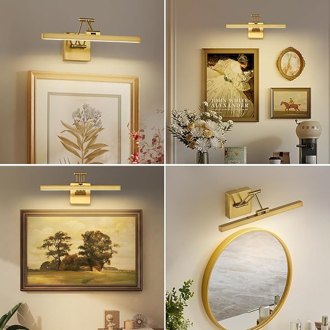 Hard-Wired Picture Light Dimmable LED Picture Lights for Paintings 15.7" Inch Brass Metal Body Wall Pictures with Adjustable Gold Swing Arm Art Display Lamps 7W 3000K Warm White Book Light