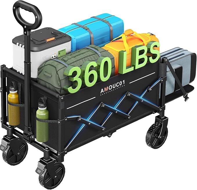 AMADA HOMEFURNISHING Wagon Cart Foldable, Collapsible Wagon Cart with 360 LBS Max Load & Expandable Storage, 90L Foldable Grocery Cart with 2 Cup Holders for Outdoor, Groceries, Garden & Camping