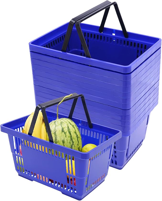 12PCS Blue Plastic Shopping Baskets with Handles, Portable Retail Baskets Grocery Basket with Handles,21L Hand Shopping Basket Set for Stores, Supermarket, Retail, Groceries Carrying