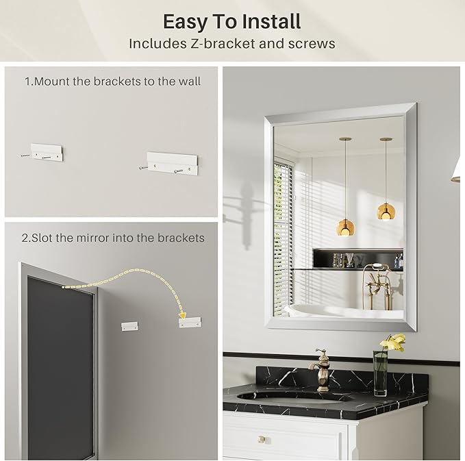 22x30 Inch Brushed Nickel Bathroom Mirror for Wall, Thick Metal Framed Rectangle Mirrors for Over Sink, Bedroom, Living Room, Entryway, Anti-Rust, HD Tempered Glass