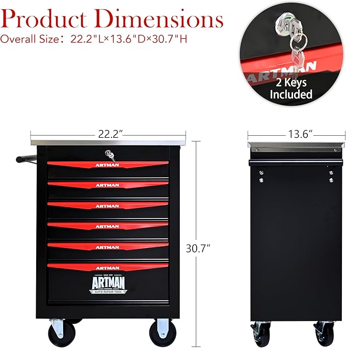 6 Drawer Rolling Tool Chest with Locker, 22.2" D Metal Movable Lockable Tool Cart Box Multi-Functional Hardware Storage Cabinet Box for Warehouse Basement Home Pantry Garage