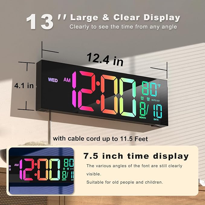 JALL 13" Large Digital Wall Mount Clock, Count Down Timer, Alarm, Big LED, 8 RGB Color, DST, Temperature for Living Room Classroom Desk, Xmas, Birthday Gift for Senior Mom Dad