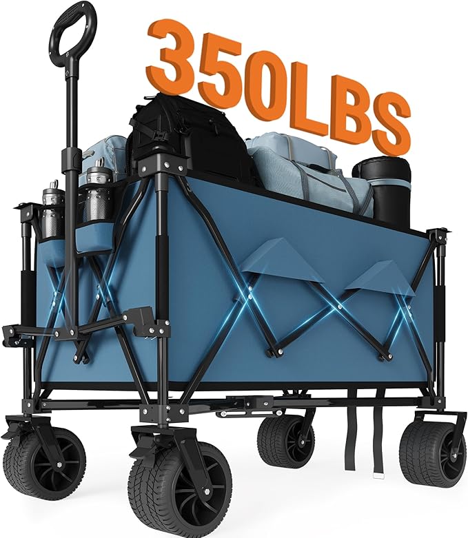 35" Foldable Wagon for Beach with 350lbs Weight Capacity, Heavy Duty 280L Extra Large Collapsible Foldable Wagon for Camping, All Terrain Beach Wagons Extended with Cup Holders for Sand