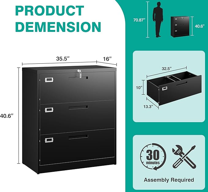 SISESOL 3 Drawer Lateral File Cabinet with Lock,Black Lateral Filing Cabinet,Horizontal Metal Filing Cabinets,Locked Wide Three Drawer File Cabinets for Office Home,Fit A4/F4/Letter/Legal File