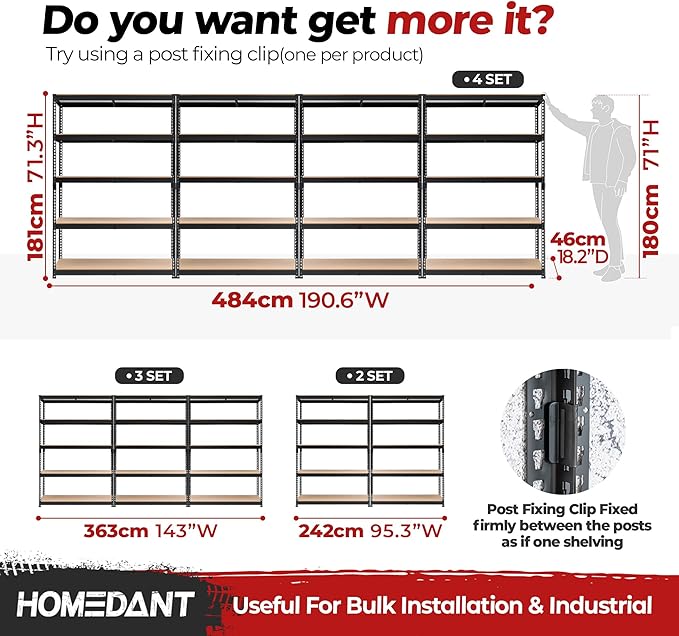 HOMEDANT 5 Tier Storage Shelves Adjustable Laminated Boltless Garage Metal Shelving Unit Heavy Duty Utility Rack Shelf Warehouse Pantry Closet Kitchen (3, (L) 48.1" W, Black)
