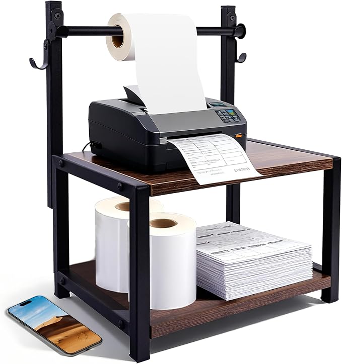 Label Holder for Rolls and Fan-Fold Labels - Wood Thermal Sticker Holder for Desktop with Hook,Shipping Label Dispenser Stand for Home Office and Small Businesses