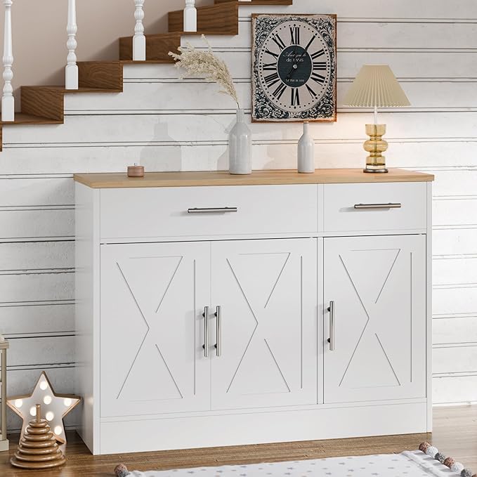 SUNLEI Sideboard Buffet with Storage, Farmhouse Kitchen Cabinet with 3 Doors and 2 Drawers, Coffee Bar Cabinet with Storage for Living Room, White