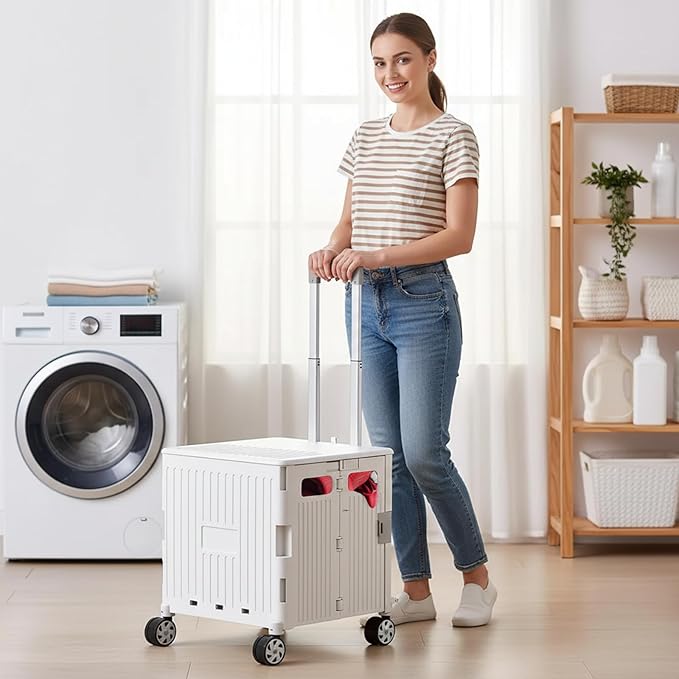 Foldable Laundry Basket with Wheels & Pull Handle - 65L Large Capacity Durable Plastic Hamper, Versatile All-in-One Organizer for Laundry, Toys, Camping & Shopping (White)