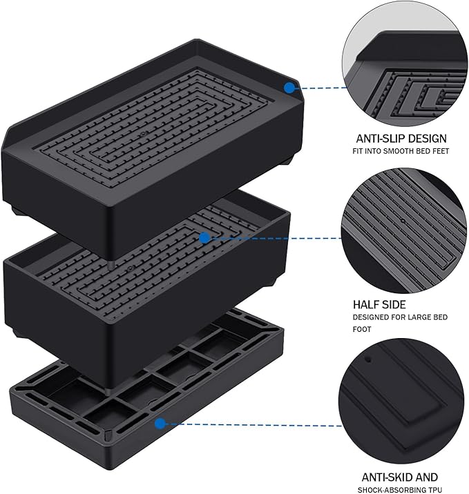 Rectangle Bed Risers, 3 Inch Heavy Duty Adjustable Furniture Risers for Bed Sofa Table and Couch Lift，Support Up to 1,300 Lbs (4 Pack-Black)