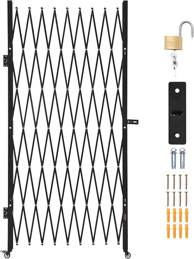 VEVOR Single Folding Security Gate, Lockable Scissor Gate with 360° Swivel Casters, Outdoor Barricade Steel Retractable Gates, for Entry Security, Garage, Warehouse & Pool, 86.61 x 86.81 in (W x H)