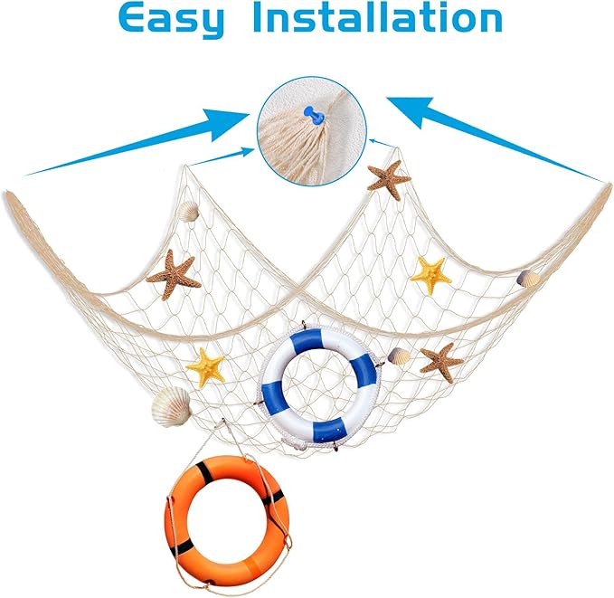 10 PCS Fish Net Decorations, 80 X 40 Inch Fishing Net Decor Natural Fish Netting Cotton Nautical Wall Decor for Ocean-Themed Party Accessories, Beach Party Decorations and Photo Display-Beige