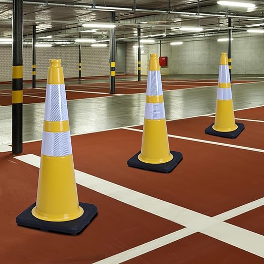 4 Pack 28 Inch Yellow PVC Traffic Cones Black Base Stable Flexible, Road Safety Construction Zone Crowd Control Parking Safety Cones (4, Yellow, 28 Inch)