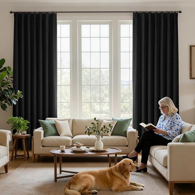 Joydeco Pinch Pleated Curtains - 100% Blackout for Bedroom, Black Linen Curtains 40" W x 96" L, Thermal Insulated 2 Panels Light Blocking Drapes, Back Tabs for Living Room