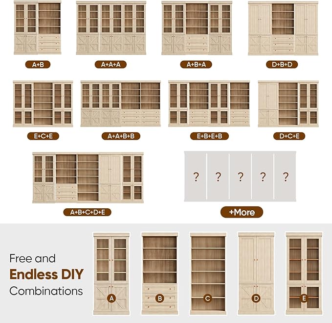 Vyre 70.8" Tall Brown Bookshelf with Glass Doors, Farmhouse Modular Bookcase with 6-Tier Adjustable Shelves, Large Storage Cabinet for Home Office, Living Room, Set of 4