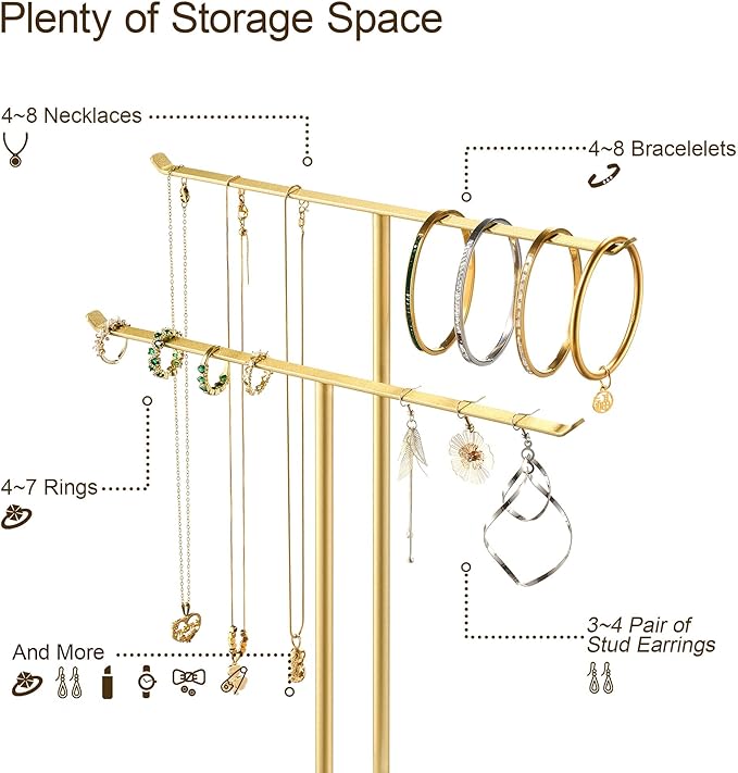 pickpiff Necklace Holder Jewelry Organizer Stand – 2‑Tier T‑Bar Jewelry Display Tree with Tray for Countertop Necklace Bracelet Earring Storage, Vanity Dresser Bathroom Sink, Gold
