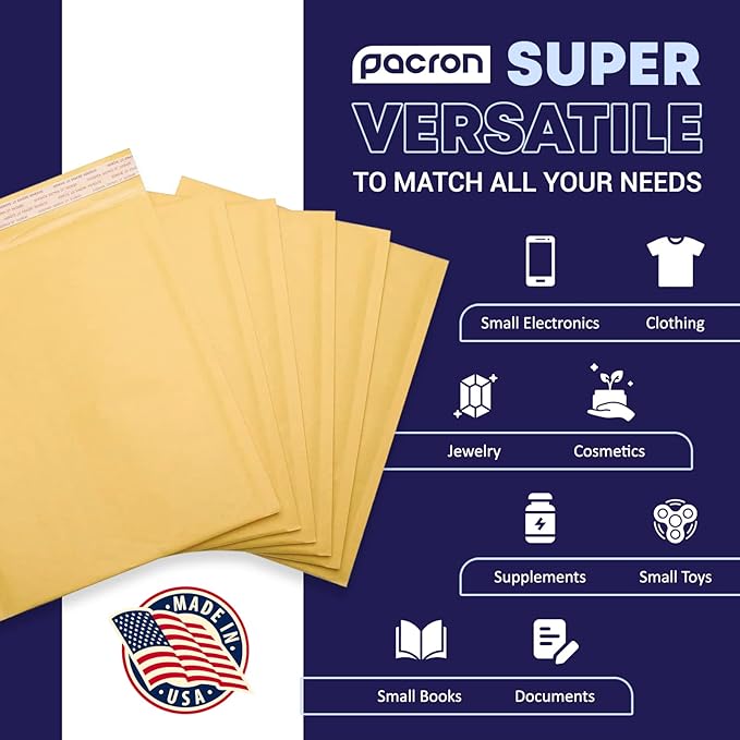Kraft Bubble Mailers 50 Pack, 14.5 x 20 Inch Padded Shipping Envelopes, Yellow Mailing Envelopes for Documents & Packages, Durable & Lightweight, Made in USA