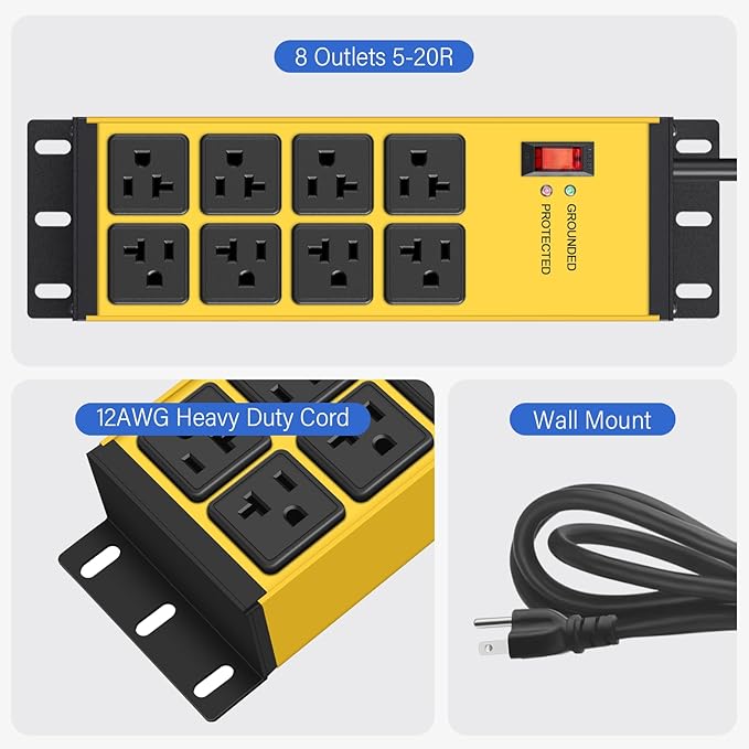 CCCEI 2PCS Heavy Duty Power Strip Surge Protector 20 AMP, 8 Outlets 12 Gauge Shop Garage Metal Multiple Outlets, 15 FT Extension Cord 5-15P Adapter High Amp 6-20R T-Slot 20a for Appliance Yellow.