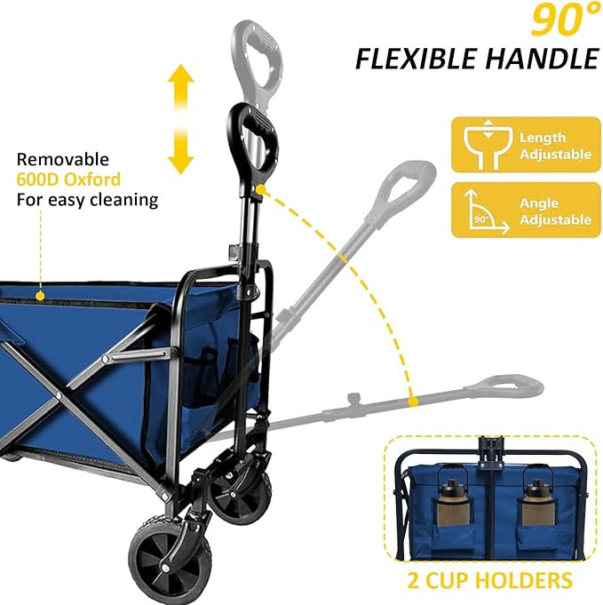 Collapsible Utility Cart Folding Wagon, 220 lbs Capacity Lightweight Rolling Cart with Quiet Wheels, Quick-Fold Design for Camping, Shopping, Ourdoor Use, Blue 2PCS