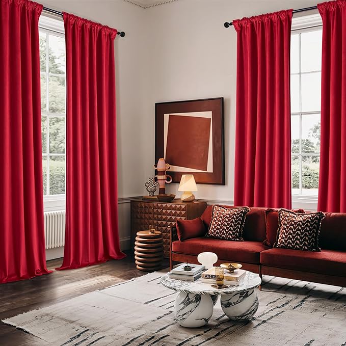 MIULEE Christmas Velvet Curtains 90 Inches Long 2 Panels Set for Bedroom, Pinch Pleat Back Tab Luxury Thermal Insulated Living Room Darkening Drapes Pleated Blackout Window Curtains with Hooks, Red