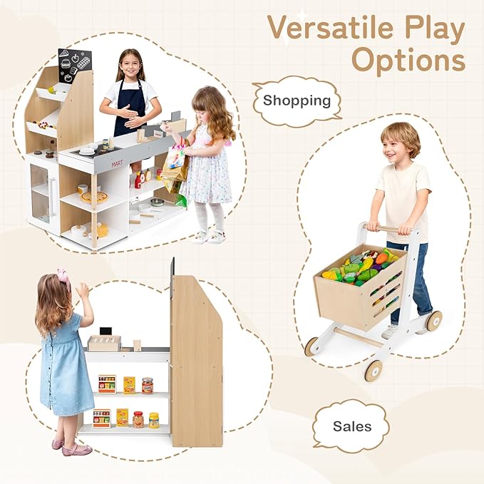 HONEY JOY Kids Grocery Store Playset, Wooden Grocery Store Pretend Play w/Cart, Cash Register Stand w/Coins, Chalkboard, Toddler Supermarket Play Toy for Boys Girls(Play Food Not Included)