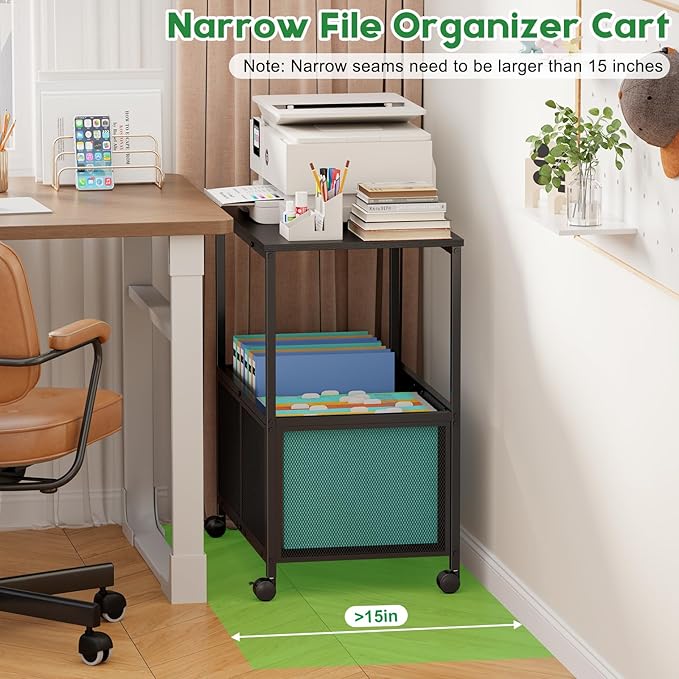 Rolling File Cart, Mobile File Cabinet with Wheels Hanging Files, Filing Cabinet Organizer Printer Stand File Organizer Fit Letter Size for Home Office, Black