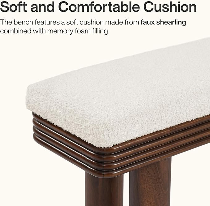 Tribesigns 55-Inch Upholstered Entryway Bench, Modern Shoe Bench with Faux Shearling Padded Seat, Upholstered End of Bed Stool for Bedroom, Entrance, Living Room (White & Dark Walnut)