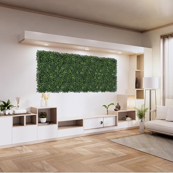 Grass Wall Panels, 10x10Inch 12Pcs UV-Anti Boxwood Greenery Panels with 50 Zip Ties, No Fade Artificial GrassWall Backdrop for Indoor Outdoor Privacy, Birthday Wedding Decor, Home Kitchen Decor