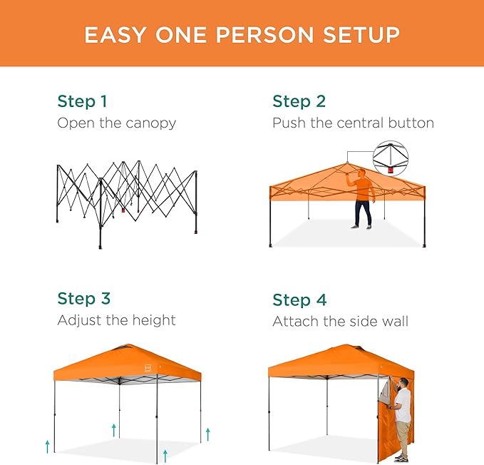 Best Choice Products 10x10ft Easy Pop Up Canopy w/Side Wall, 10 Pockets, Portable Carrying Case, 1-Button Setup, 4 Weight Bags - Orange