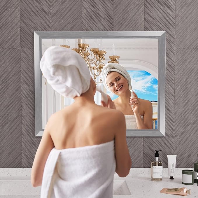 Amorho Bathroom Mirror Silver, 40x32 Inch Thick Metal Framed Wall Mirrors for Over Sink, Brushed Nickel Mirror Perfect for Bedroom, Living Room, Entryway, Rectangle (Horizontal/Vertical).