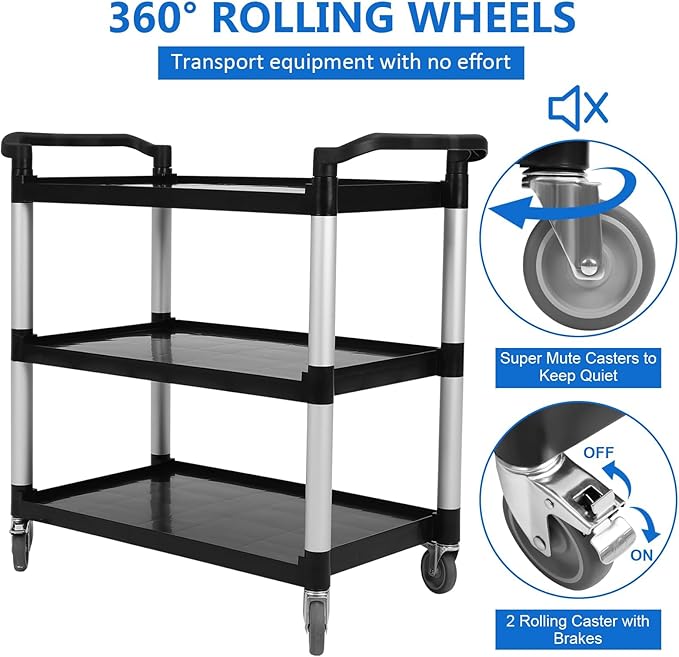 3-Tier Heavy Duty Rolling Cart with 360° Lockable Wheels, 120lbs Per Shelf Storage Utility Cart for Kitchen, Restaurant, and Office Use, Multifunctional Storage, Black, 42" Wx20 Dx39 H