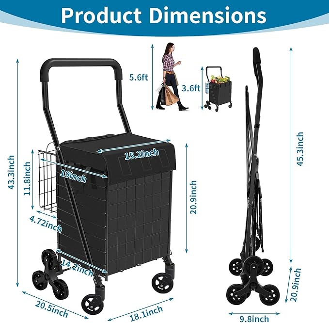 Grocery Shopping Cart with Waterproof Liner Stair Climber Utility Cart Easily Collapsible Cart with Tri-Wheels, 66lb Extended Foam Cover, Trolley for Stair, Laundry, Travel (Black-)