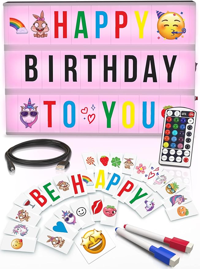 Cinema Light Box with Letters – Marquee Color Changing Light Box Sign with 386 Black & Color Letters & Emoji & 2 Markers- Premium Light Up Letter Board – 16 Dimmable Remote-Controlled Colored Options