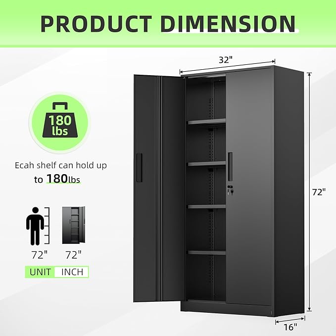 INTERGREAT Storage Cabinet with Doors and Shelves, Metal Garage Storage Cabinets with Lock, Black Lockable Steel Supply Cabinet for Home Office, Warehouse