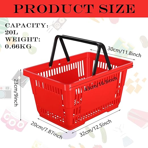 20 Pcs Bulk Shopping Baskets with Handles, 20 L Plastic Grocery Basket 16.9'' x 11.8'' x 9.1'' Portable Shopping Cart for Retail Stores Supermarket(Red)