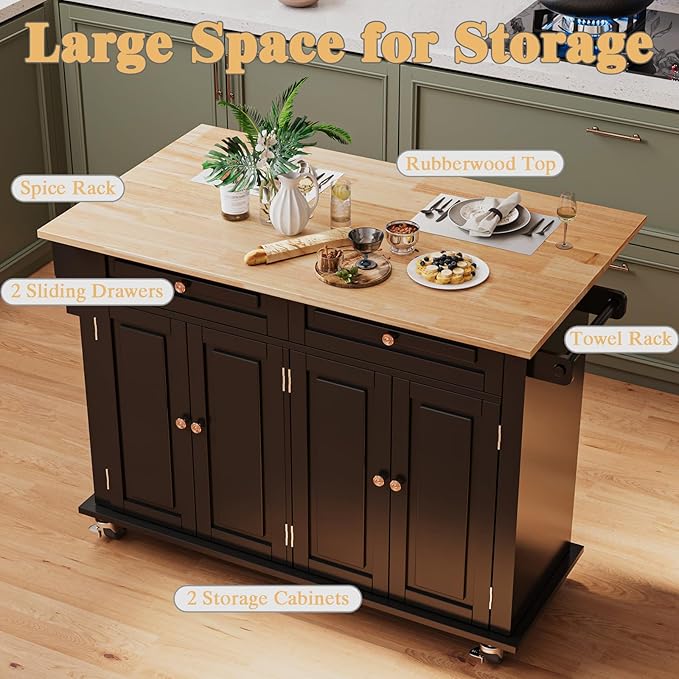 51.2'' Rolling Kitchen Island Cart with Drop Leaf Countertop, Kitchen Carts on Wheels with Storage, 2 Drawers, Towel Rack Island for Dining Room, Black