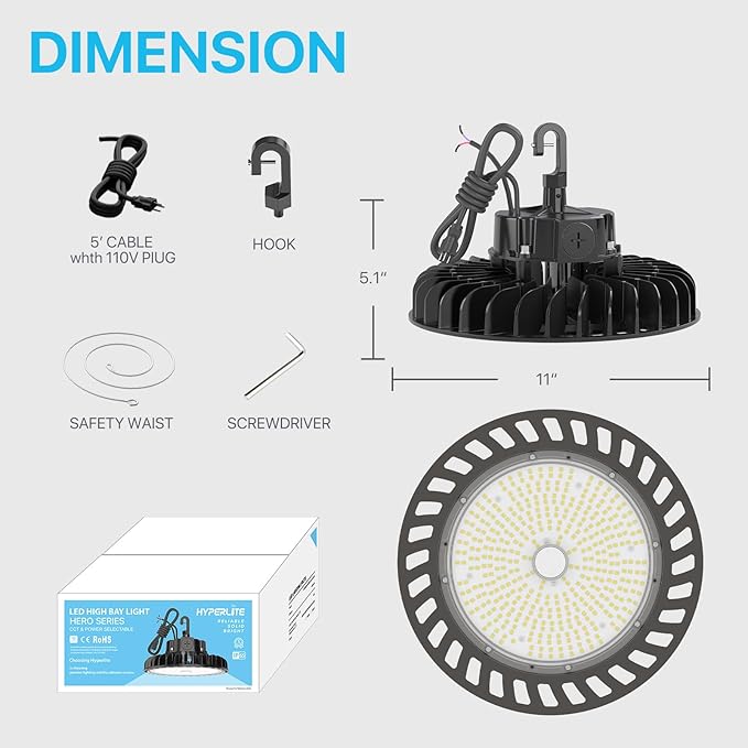 HYPERLITE LED High Bay Light | 29000LM（ 200W ） Dimmable High Bay LED Lighting | UL Listed | 5000K Commercial Lights | US Hook Included | Alternative to 850W MH/HPS