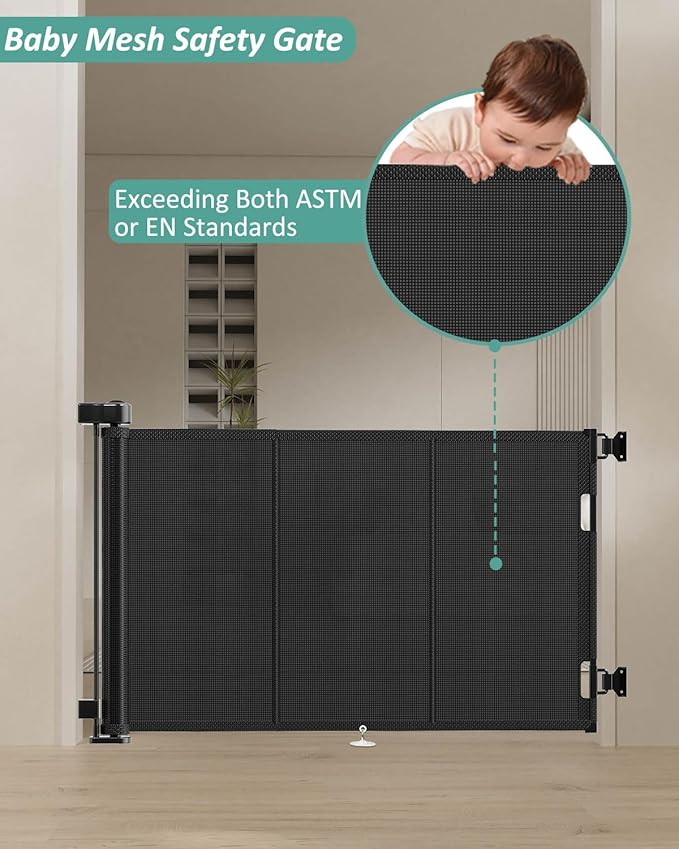71 inch Retractable Baby Gates 34 inch Tall, Retractable Gate with Reinforced Strip Design to Prevent Crawling Through, 6 FT Retractable Dog Gate for Stairs, Doorways, Hallways, Indoor/Outdoor