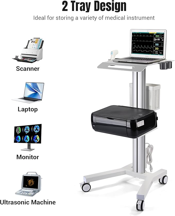 AW Medical Mobile Laptop Cart Rolling PC Stand Ultrasound Imaging Cart Computer Workstation on Wheels with Handle 220 Lbs Capacity CPU Printer Power Strip Holder for Dentistry Clinic Lap Hospital