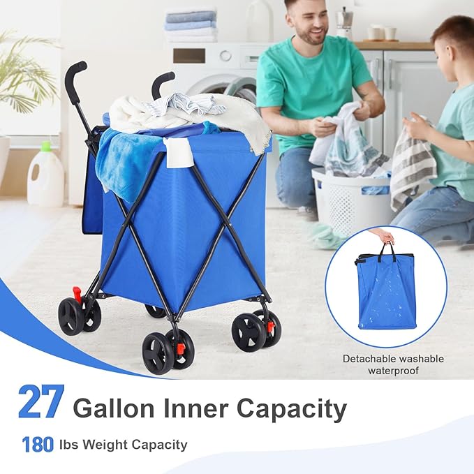 27 Gal/180 LBS Capacity Shopping Cart, Upgrade Huge Grocery Cart on Wheels,Heavy Duty Foldable Utility 360° Rolling Swivel Wheels for Shopping Picnic Groceries Laundry (Blue)