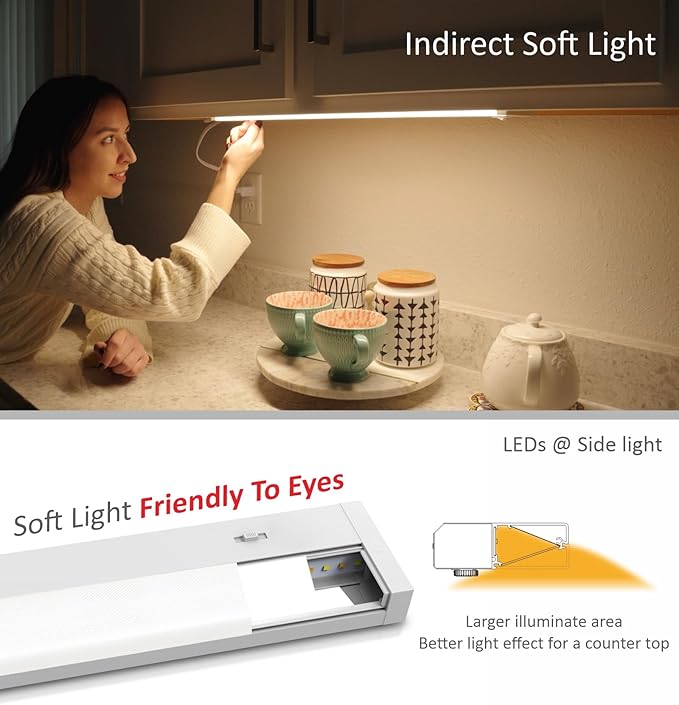 LED Under Cabinet Lighting Hardwired or Plug in, 24 Inch 12W, Dimmable 5 Color 2700K/3000K/3500K/4000K/5000K, Linkable Eyes Care Design Counter Lights for Kitchen, Sink, ETL Listed, White