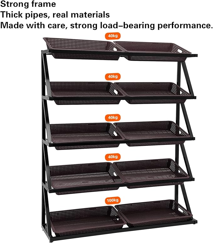 5 Tiers Retail Display Rack, Large Capacity Market Shelf Fruit and Vegetable Basket Stand Rack Set for Kitchen, Office, Store, Supremarket Utility Storage Shelves