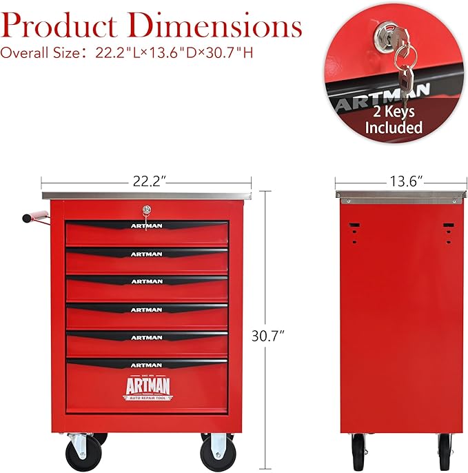 6 Drawer Rolling Tool Chest with Locker, 22.2" D Metal Movable Lockable Tool Cart Box Multi-Functional Hardware Storage Cabinet Box for Warehouse Basement Home Pantry Garage