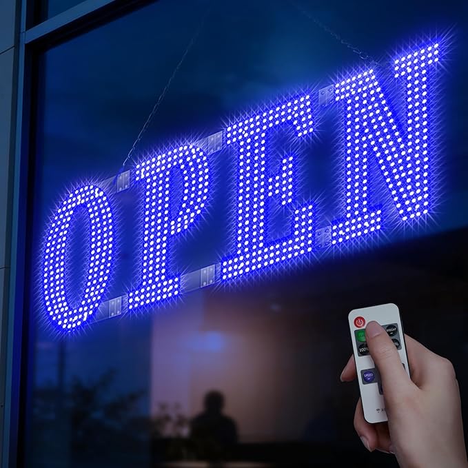 Large LED Open Signs for buiness with 13 Scene Modes, 40" x 14" Unique Design Blue Open Sign for Business Hour Open Sign for Window Stores Retail and Restaurant