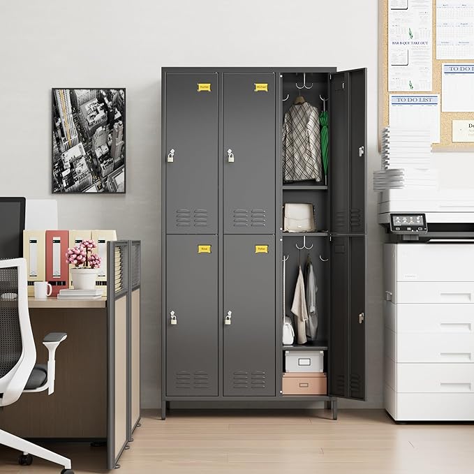 Aobabo Upgrade Metal Storage Locker for Employees, 6 Doors Steel Storage Locker with 18 Hooks for Office Gym School, Industrial Storage with 6 Shelves, Assembly Required, Black