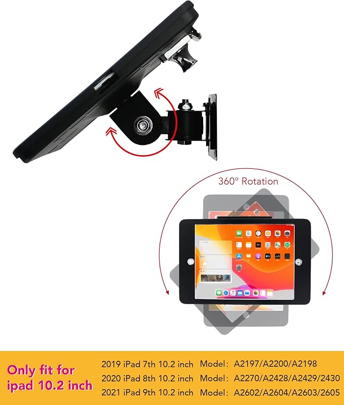 Tablet On Wall Mount Bracket for iPad 10.2-Inch (9th,8th,7th Gen.),with Anti Theft Security Lock and Key, Rotate Design Arbitrary Adjustment,Multi Angle,Metal,(Black)