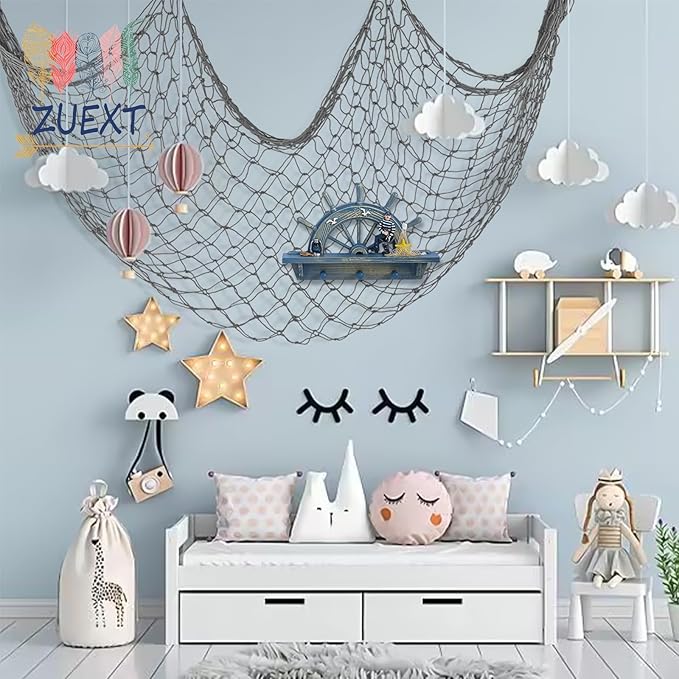 ZUEXT Decorative Fishing Net 80x40 Inch, 2 Pack Large Dark Grey Picture Fish Net, Wall Photo Hanging Fishnet for Nautical Mermaid Pirate Ocean Themed Hawaii Beach Under The Sea Party Decorations