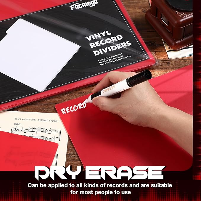 Facmogu 20PCS Vinyl Record Dividers, Upgrade Thicker Vinyl Record Separators, 33RPM Plastic Vinyl Record Divider Card, Blank Writable DIY Vinyl LP Album Separators for Vinyl CD, DVD Organization - Red